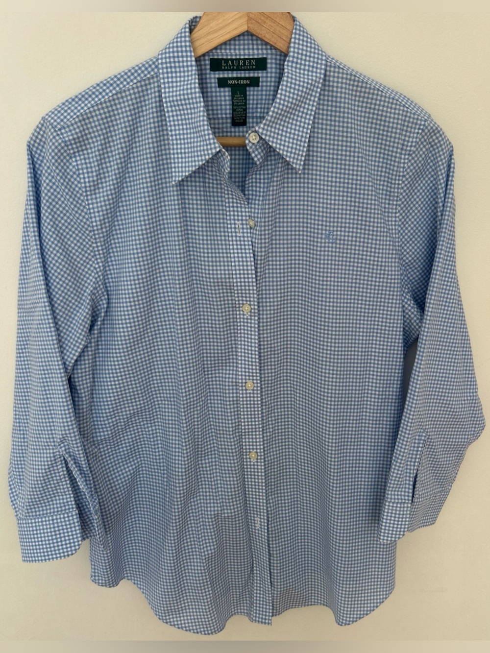 Lauren Ralph Lauren Blue Gingham Non-Iron Button Down Shirt 3/4 Sleeve Sz L - Picture 1 of 7